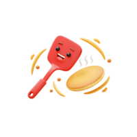 A cute cartoon spatula with a smiling face floats near a pancake and yellow swirls, showcasing a fun way to cook. png