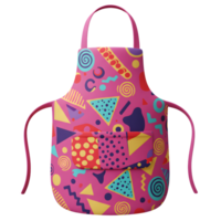 A pink apron features a vibrant geometric pattern including triangles, circles, and squares, ideal for use while cooking or crafting. png