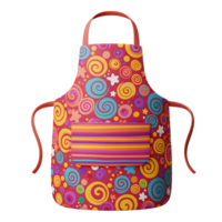 A red apron features a colorful swirl and star pattern with a striped pocket, intended for use while cooking or crafting. png