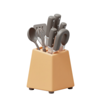 Various kitchen utensils are stored inside a tan holder, ready for cooking and food preparation. png