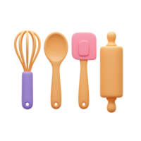A set of kitchen utensils including a whisk, spoon, spatula, and rolling pin are arranged against a white background for cooking and baking. png