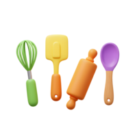A colorful cartoon kitchen utensil set including a whisk, spatula, rolling pin, and spoon is great for mixing, baking, and cooking. png
