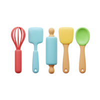 A 3D rendered image showcases a set of kitchen utensils, including a whisk, spatula, rolling pin, and spoon, perfect for baking and cooking. png