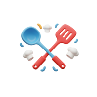 A blue ladle and red spatula are crossed with chef hats around it in this 3D rendering, for cooking or culinary purposes. png