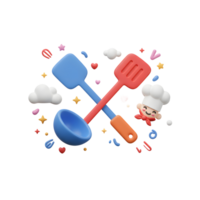 A cheerful 3D rendering of kitchen utensils including spatulas and a ladle, along with a cute chef character, can be used for culinary illustrations or graphics. png
