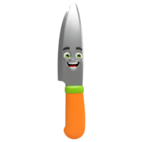 A cartoon knife with a smiling face, orange handle, and green accent appears against a white background, ideal for illustrating cutlery concepts. png