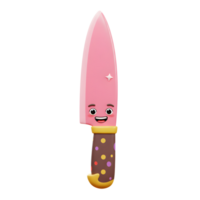 This is a 3D render of a cartoon pink knife with a face and a colorful, polka-dotted handle that can be used for children's illustration. png