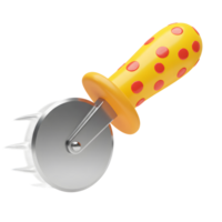 A pizza cutter features a silver wheel and a yellow handle adorned with red polka dots, suggesting a fun and playful aesthetic for slicing pizza. png