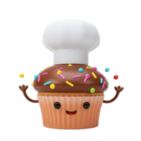 A cute cartoon cupcake with a chef's hat and colorful sprinkles joyfully juggles more sprinkles, perfect for adding a fun and whimsical touch to projects. png