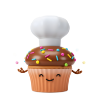 A cheerful cupcake wearing a chef hat and decorated with sprinkles is smiling and offering its arms, perfect for showcasing desserts and sweet treats. png