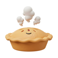 A cartoon pie with a smiling face emits steam, ideal for illustrating a warm and inviting dessert. png