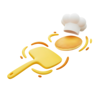 A pancake is being flipped into the air with a spatula, accompanied by a chef's hat and decorative swirls, for use in food preparation illustrations. png