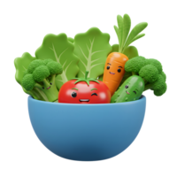 A bowl of cartoon vegetables, including tomato, broccoli, lettuce, carrot, and cucumber with smiling faces, ready to be used in a healthy meal or educational material. png
