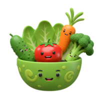A cartoon-style bowl filled with a smiling tomato, cucumber, carrot, broccoli, and lettuce makes for a fun and healthy illustration. png