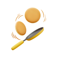 Two pancakes are being tossed in the air with a yellow handled frying pan, suggesting they are being cooked for breakfast. png