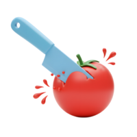 A stylized tomato is sliced by a blue knife with simulated juice spraying from the cut for culinary visuals. png
