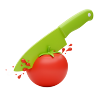 A red tomato is being sliced by a green knife, with drops visible to show that it's being used for cooking. png