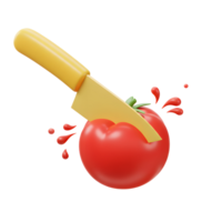 A red tomato is being cut by a yellow knife with red juice splashing out, making it suitable for food preparation. png