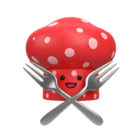 A cheerful red mushroom with white spots is shown behind two crossed silver forks, which could be used in culinary or food related projects. png