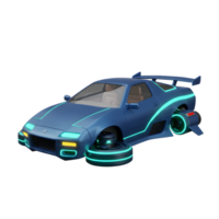A sleek blue car is modified with futuristic floating wheels and glowing accents, suggesting a concept for future transportation. png