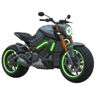 A gray motorcycle features glowing green accents on the wheels and frame, adding a futuristic touch and making it suitable for a vehicle concept design. png