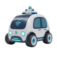 A white and blue autonomous car with a wireless signal symbol is depicted in a cartoon style, suggesting a modern and convenient form of transportation. png