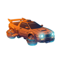 An orange futuristic car is flying with bright blue lights, making it suitable for science fiction designs. png