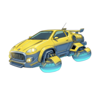 A yellow futuristic car with hover technology floats in the air, showcasing a sleek design for potential future transportation. png