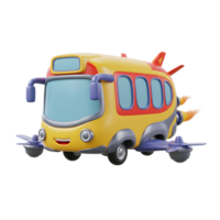 A yellow and red cartoon bus with a jet engine flies with its propeller wings, ideal for use in children's animations and illustrations. png