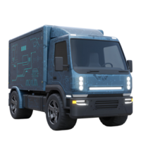A blue delivery truck with a circuit pattern design is shown in a studio setting, highlighting modern technology and efficient delivery solutions. png