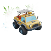 A yellow off-road car drives through water with a backdrop of green grass, creating a scene perfect for illustrating fun or adventure. png