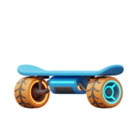 A blue futuristic skateboard with orange wheels and neon accents is isolated on a white background and can be used for transportation and recreation. png