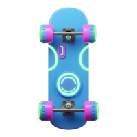 A blue skateboard with neon circle and rectangular designs stands upright, ideal for skateboarding enthusiasts. png