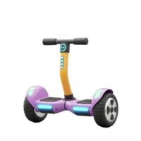 A cartoon style hoverboard scooter with a purple frame and yellow handle is displayed for use as a personal transport device. png