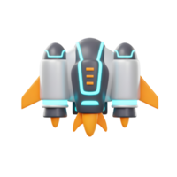 This is a 3D rendering of a spacecraft with rocket booster, wing, and blue light, used as a futuristic and modern illustration. png