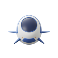 A cartoon spaceship is designed with rounded features, white and blue coloring, and a dark window, resembling a toy for creative play. png