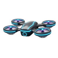 A gray drone with glowing blue lights and a front-facing camera is hovering, which can be used for aerial photography. png