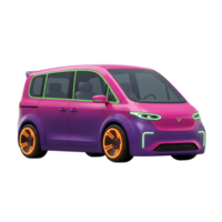 This rendering shows a futuristic minivan with a pink and purple gradient paint job and wheels that glow with orange light, suitable for transportation or entertainment. png
