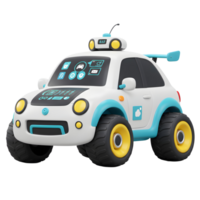 A white cartoon car with a digital display, large tires, and blue accents is showcased in a studio setting for creative or imaginative uses. png