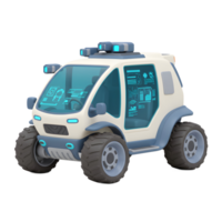 A futuristic vehicle is displayed with a white and blue color scheme and features transparent screens with digital interfaces, suitable for science fiction or conceptual illustrations. png