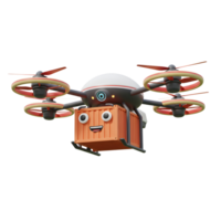 A cartoon drone flies while carrying a smiling orange container, demonstrating modern delivery methods. png