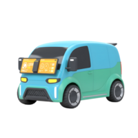 A blue and green toy-like delivery van features dashboard screens, creating a futuristic look for transportation design or toy concepts. png