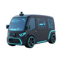A matte black van features a futuristic design with a digital interface on the windshield and sides, indicating an advanced concept vehicle. png