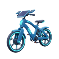 A blue cartoon bicycle is powered by solar panels and features neon accents, which is great for conceptual and informational uses. png