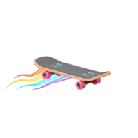 A skateboard with a black deck and pink wheels flies with a rainbow-colored trail behind it, suggesting movement and speed for recreational use. png