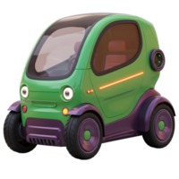 A green electric car with purple accents is depicted on a white background for transportation purposes. png