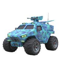 Camouflage armored vehicle with a turret and large tires displayed on a white background, suitable for military themed designs or product displays. png