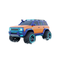 A vibrant orange and blue SUV drives through splashing water, showcasing an adventurous and visually striking scene for off-road or stylized transportation purposes. png