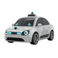 A futuristic gray car with visible sensors and a glowing graphical interface illustrates autonomous vehicle technology for transportation purposes. png