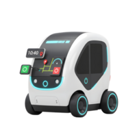 A futuristic autonomous vehicle is shown with a digital display featuring a route map, time and control buttons, indicating its advanced navigation and control systems for automated transportation. png